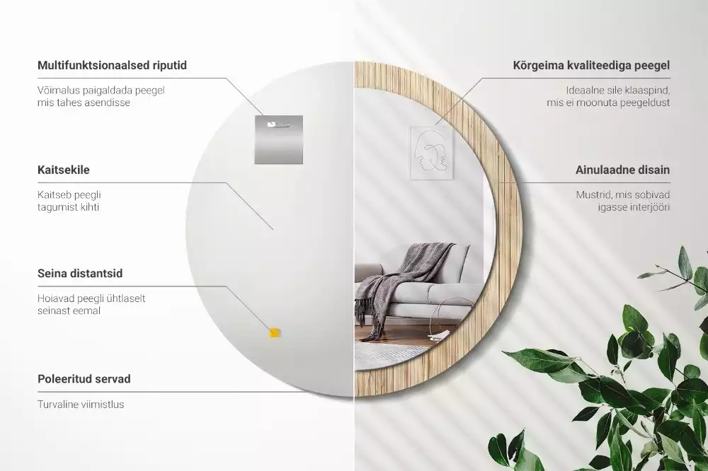 Miroir rond cadre avec impression Paille de bambou