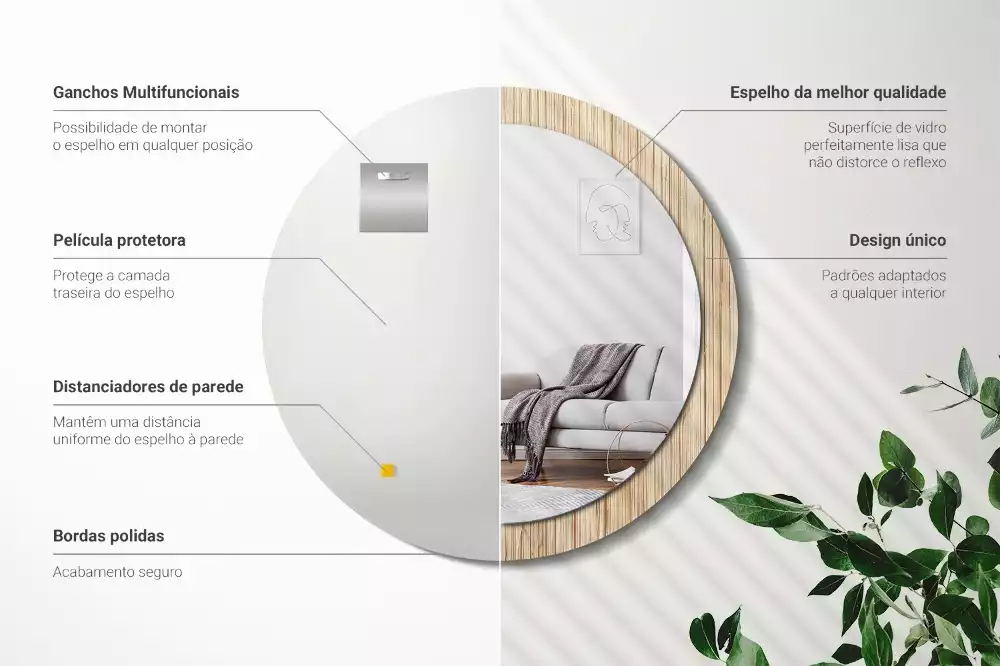 Miroir rond cadre avec impression Paille de bambou