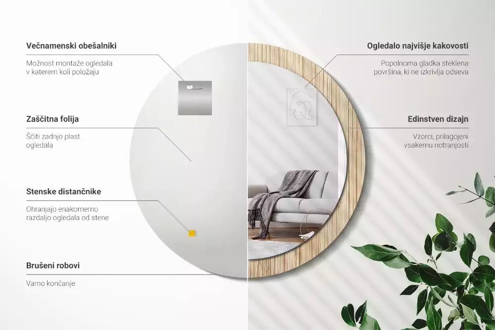 Miroir rond cadre avec impression Paille de bambou