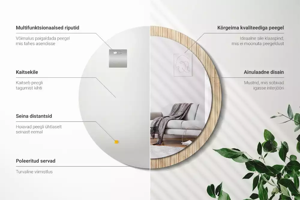 Miroir rond cadre avec impression Paille de bambou