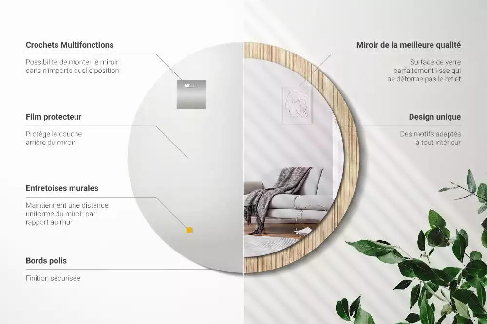 Miroir rond cadre avec impression Paille de bambou