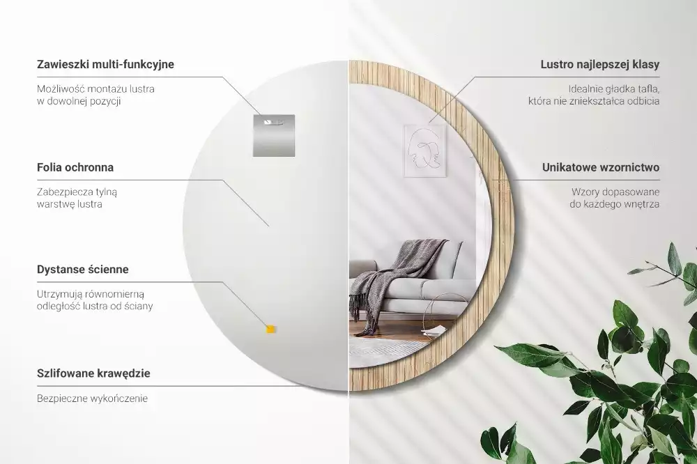 Miroir rond cadre avec impression Paille de bambou