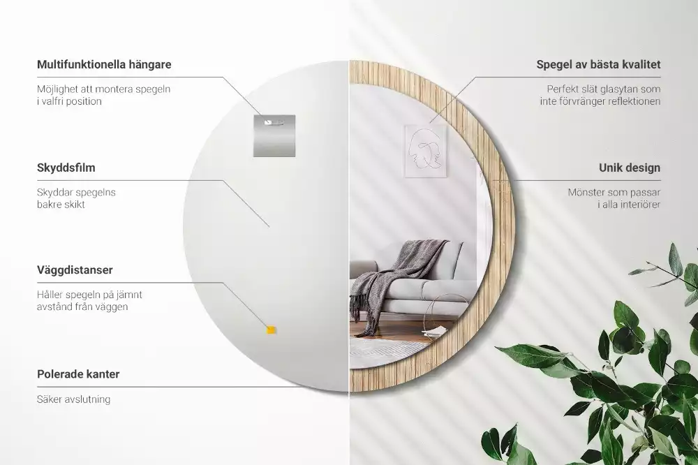 Miroir rond cadre avec impression Paille de bambou