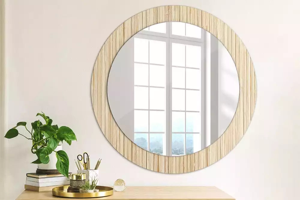 Miroir rond cadre avec impression Paille de bambou