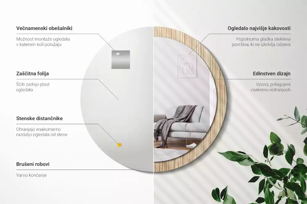 Miroir rond cadre avec impression Paille de bambou