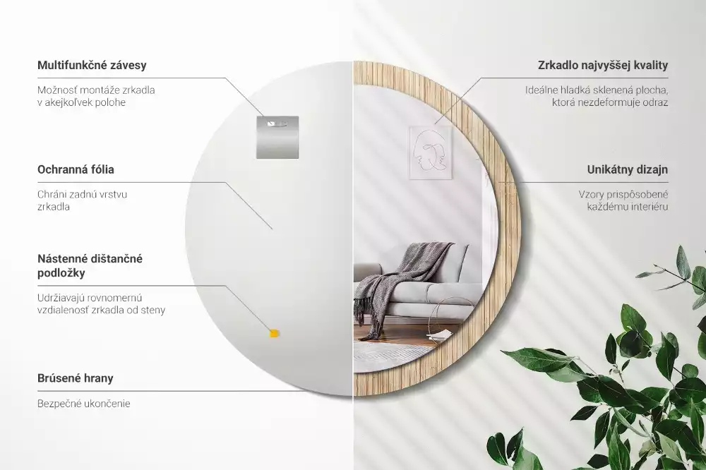 Miroir rond cadre avec impression Paille de bambou