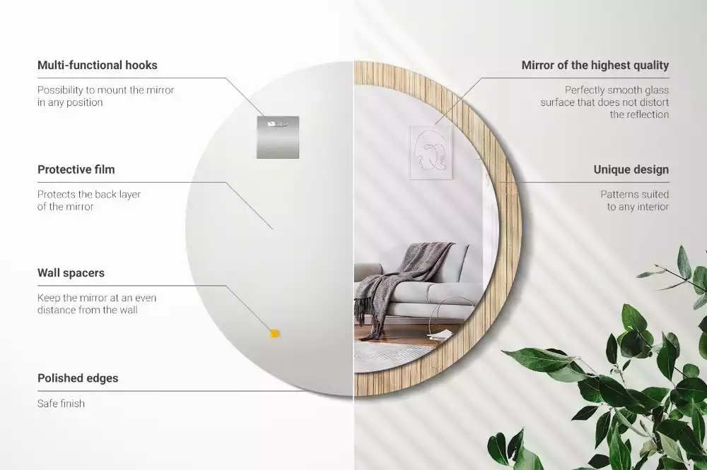 Miroir rond cadre avec impression Paille de bambou