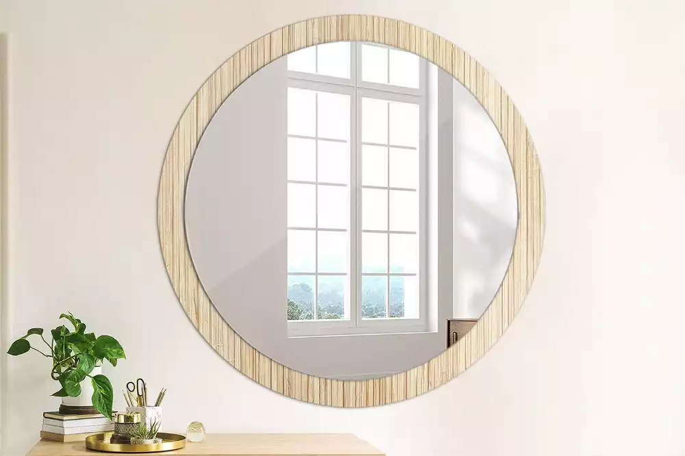 Miroir rond cadre avec impression Paille de bambou