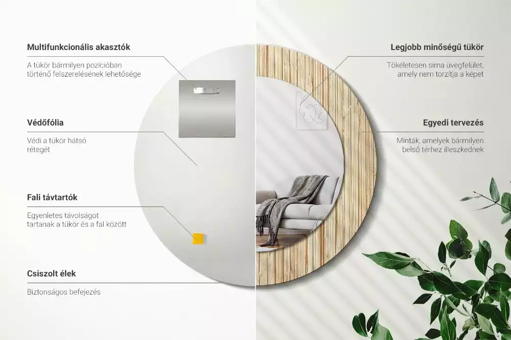 Miroir rond cadre avec impression Paille de bambou