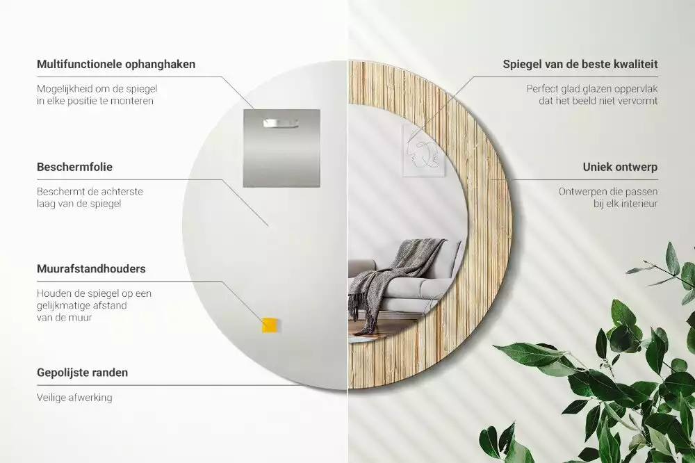 Miroir rond cadre avec impression Paille de bambou