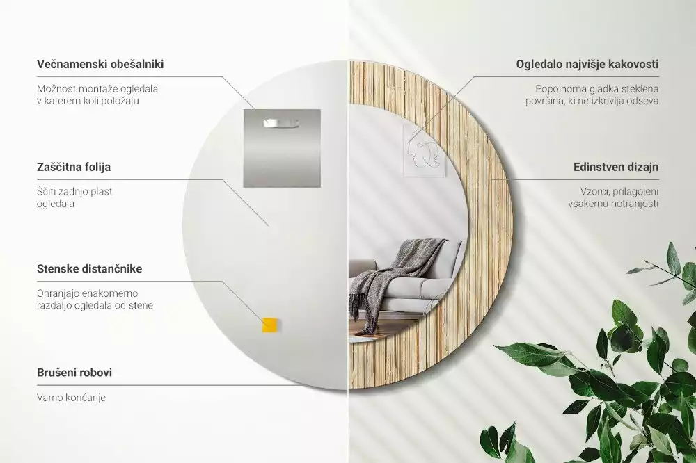 Miroir rond cadre avec impression Paille de bambou
