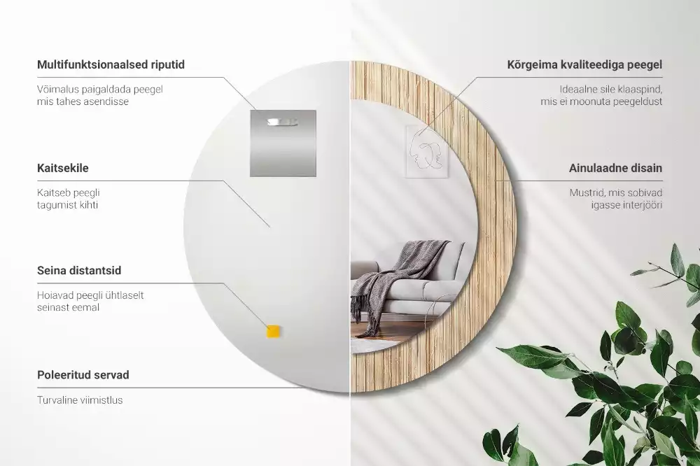 Miroir rond cadre avec impression Paille de bambou