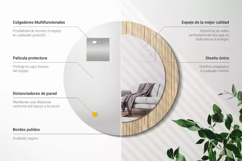 Miroir rond cadre avec impression Paille de bambou