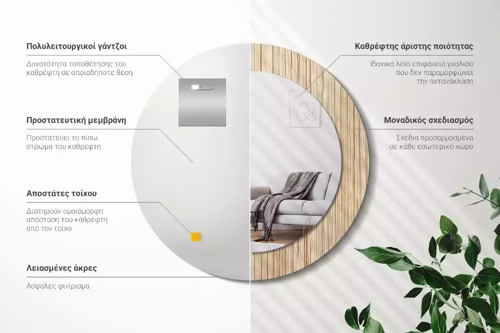 Miroir rond cadre avec impression Paille de bambou