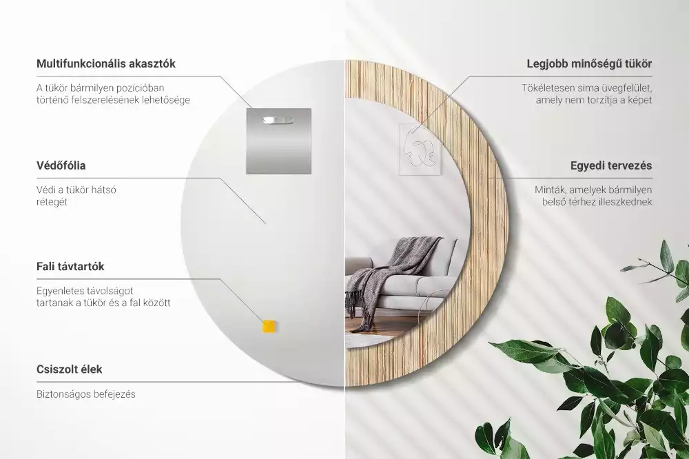 Miroir rond cadre avec impression Paille de bambou