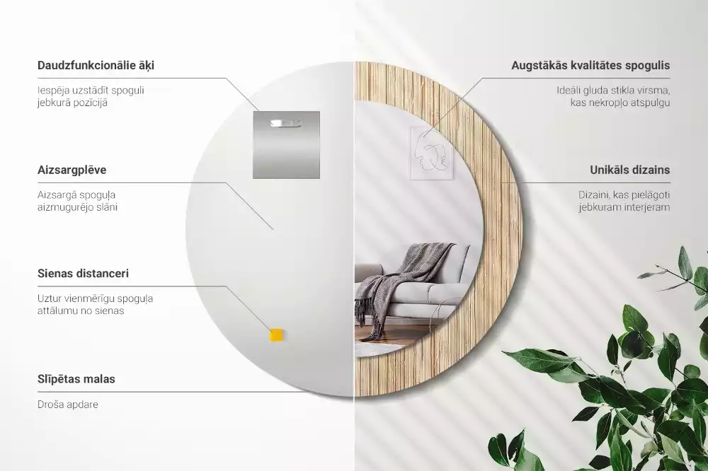 Miroir rond cadre avec impression Paille de bambou