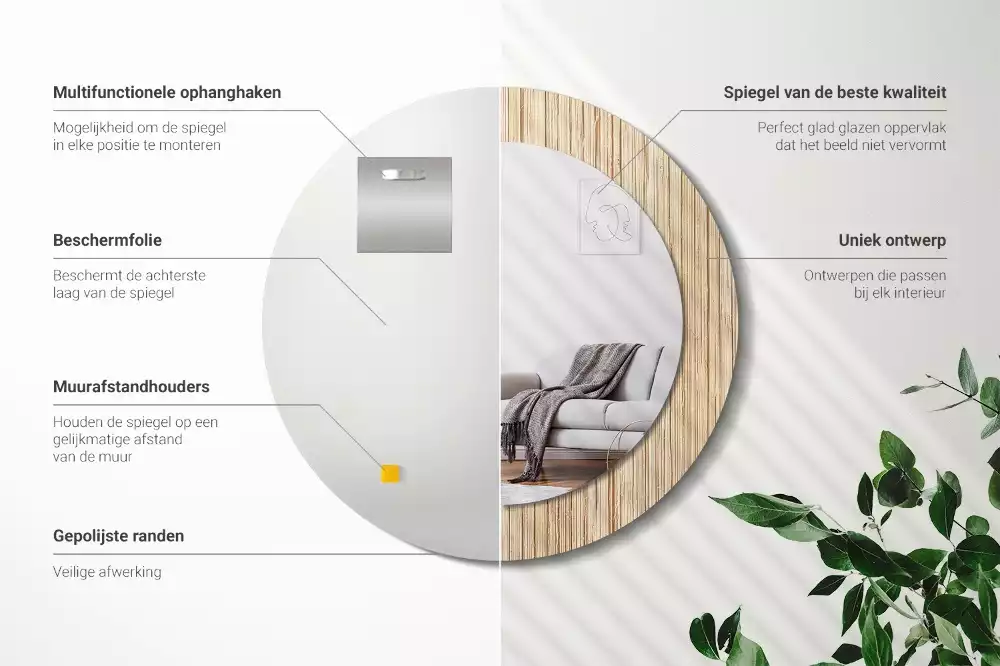 Miroir rond cadre avec impression Paille de bambou