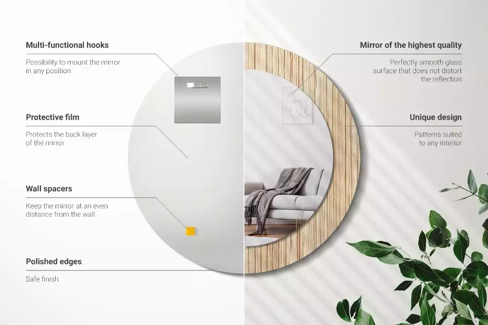 Miroir rond cadre avec impression Paille de bambou