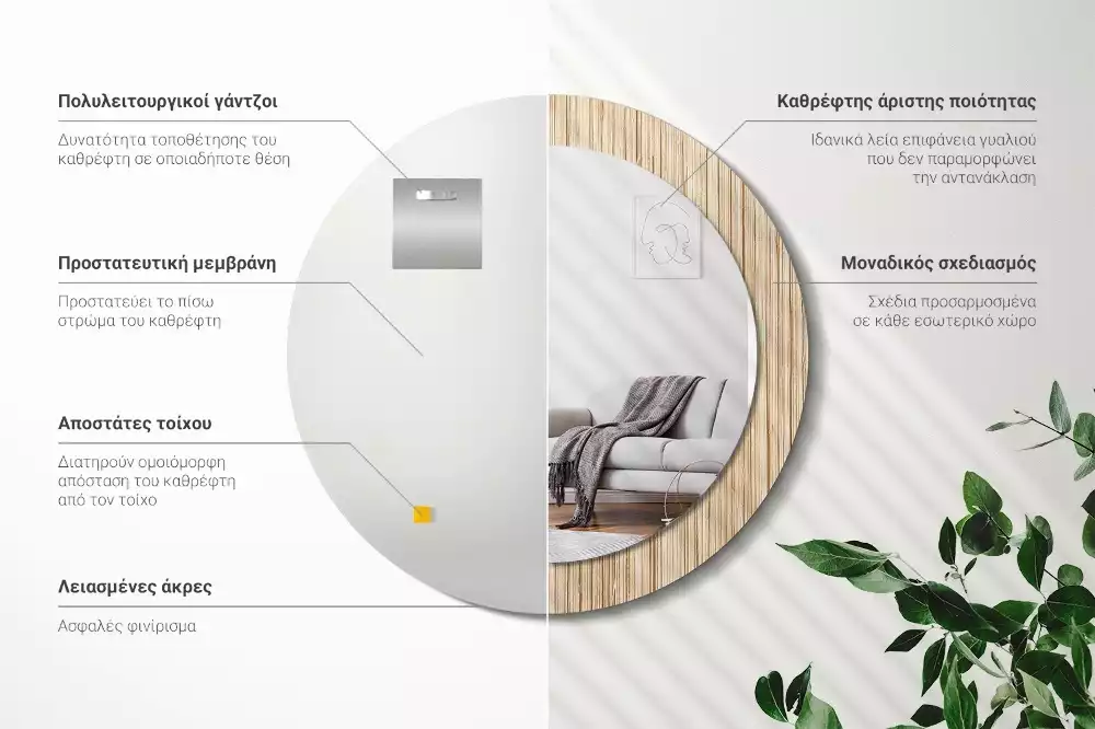 Miroir rond cadre avec impression Paille de bambou