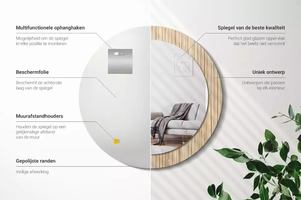 Miroir rond cadre avec impression Paille de bambou