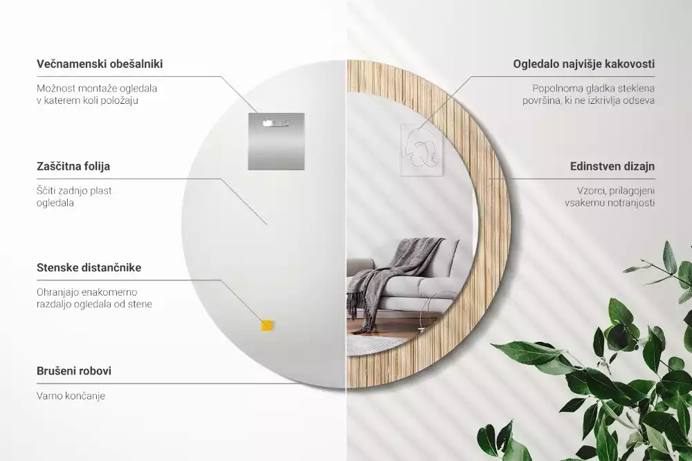 Miroir rond cadre avec impression Paille de bambou