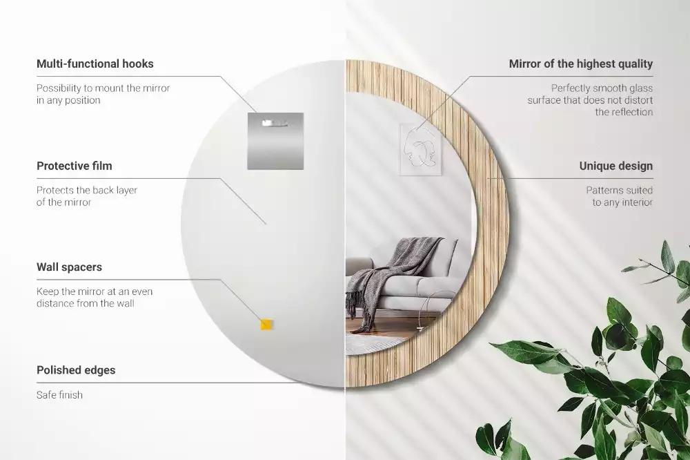Miroir rond cadre avec impression Paille de bambou