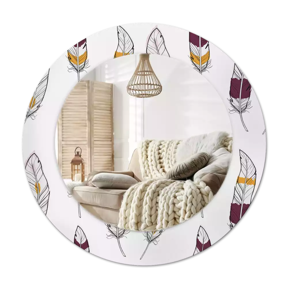 Miroir rond cadre avec impression Plumes