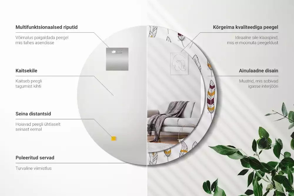 Miroir rond cadre avec impression Plumes