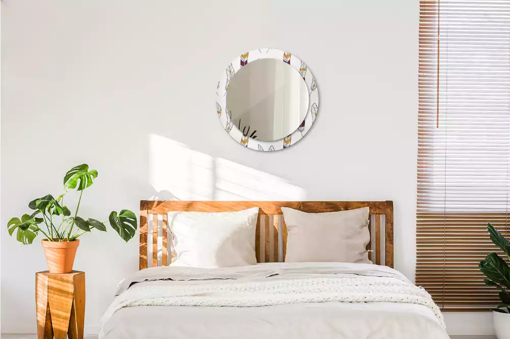 Miroir rond cadre avec impression Plumes