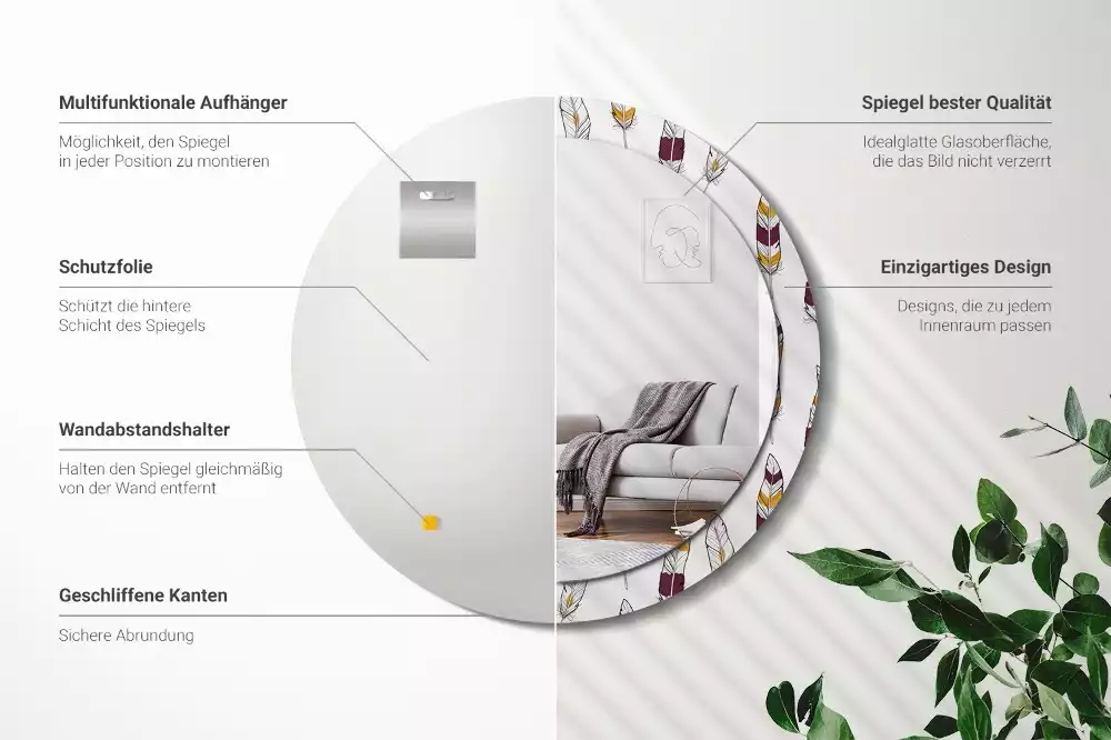 Miroir rond cadre avec impression Plumes