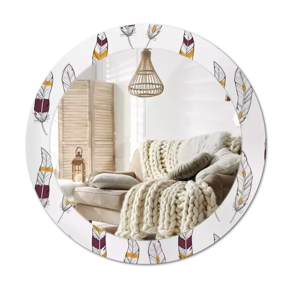 Miroir rond cadre avec impression Plumes