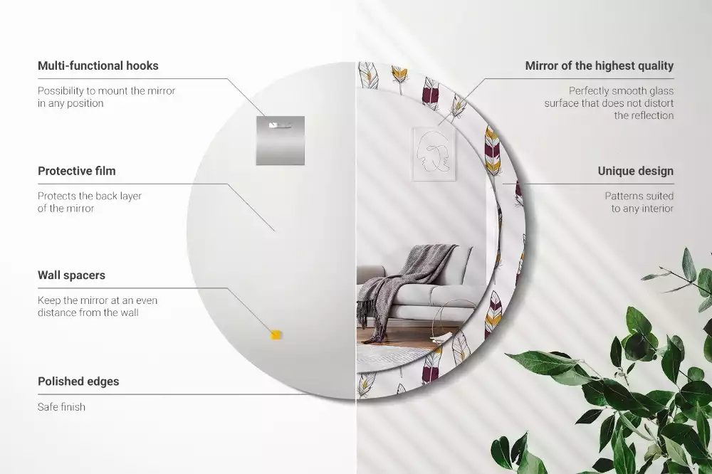 Miroir rond cadre avec impression Plumes