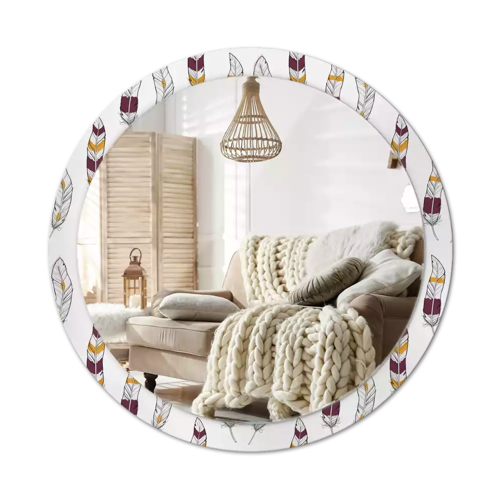 Miroir rond cadre avec impression Plumes