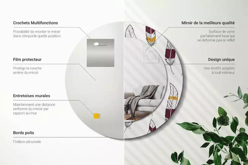 Miroir rond cadre avec impression Plumes