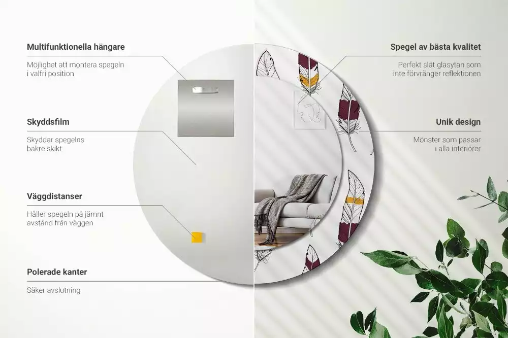 Miroir rond cadre avec impression Plumes