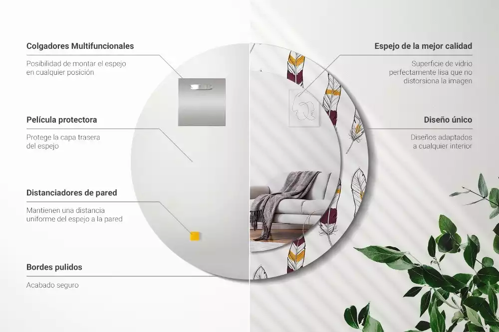 Miroir rond cadre avec impression Plumes