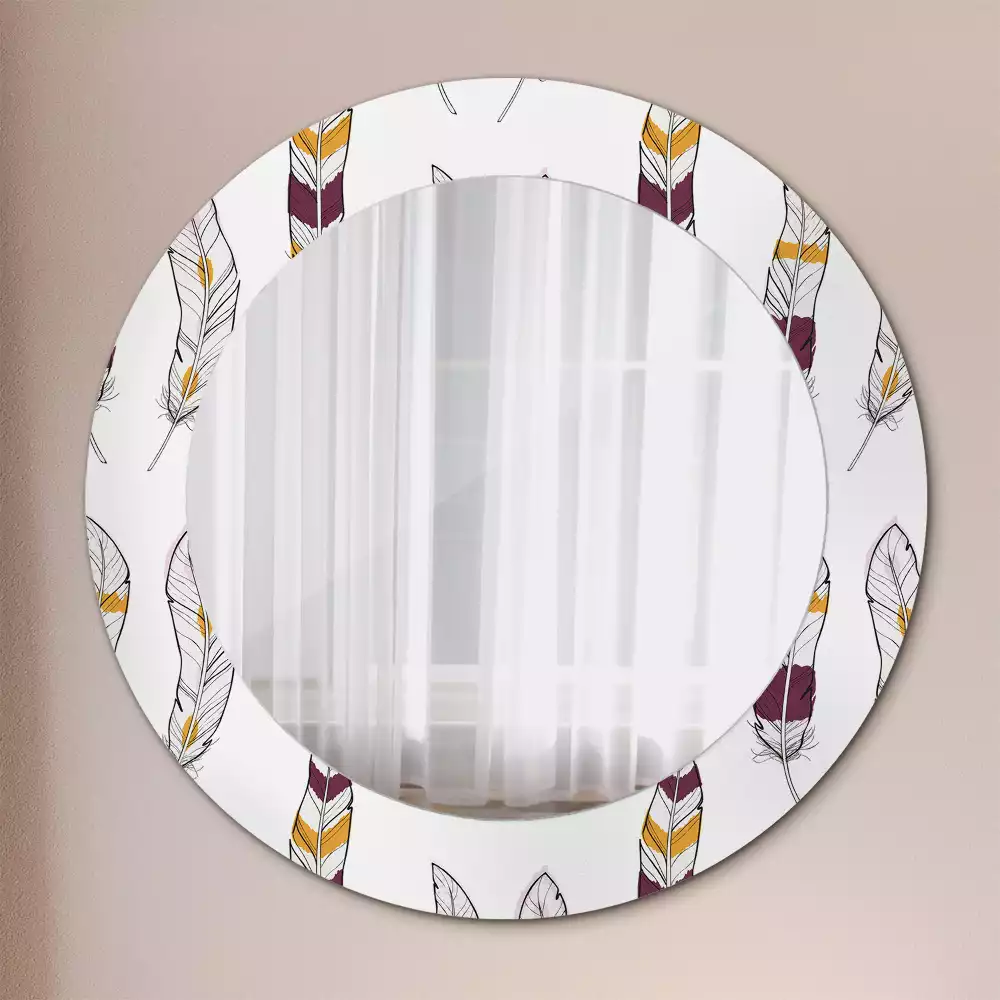 Miroir rond cadre avec impression Plumes