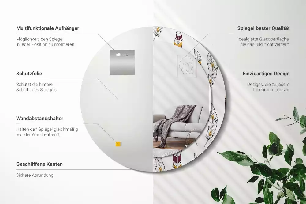 Miroir rond cadre avec impression Plumes