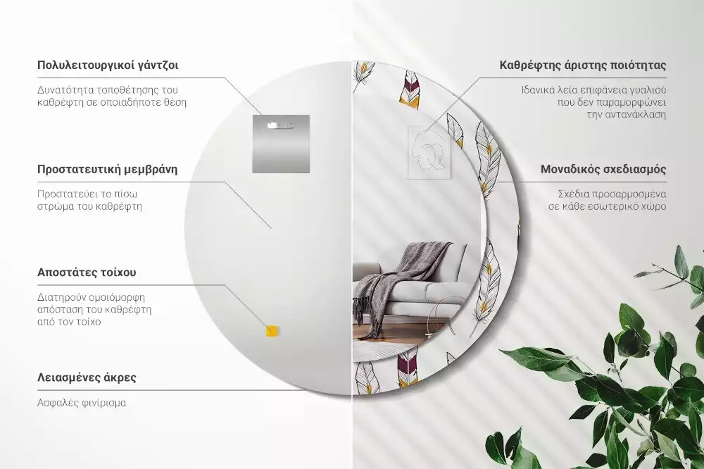 Miroir rond cadre avec impression Plumes
