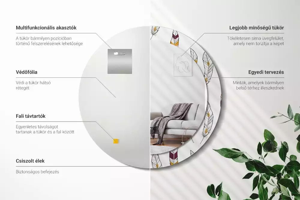 Miroir rond cadre avec impression Plumes