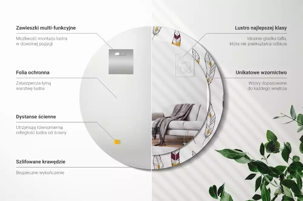 Miroir rond cadre avec impression Plumes