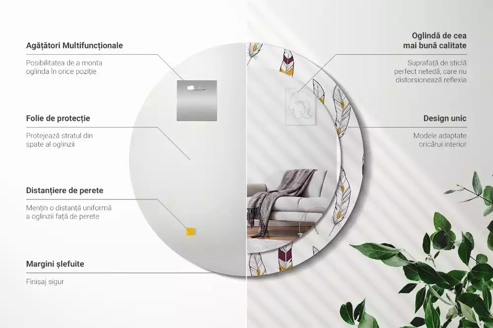Miroir rond cadre avec impression Plumes