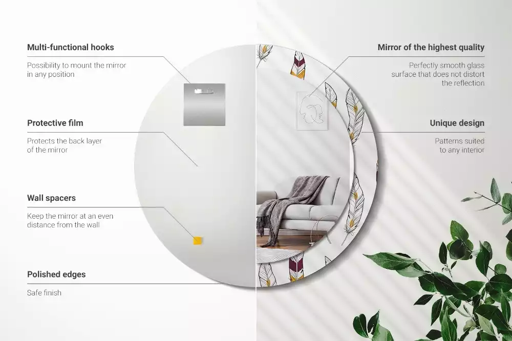 Miroir rond cadre avec impression Plumes