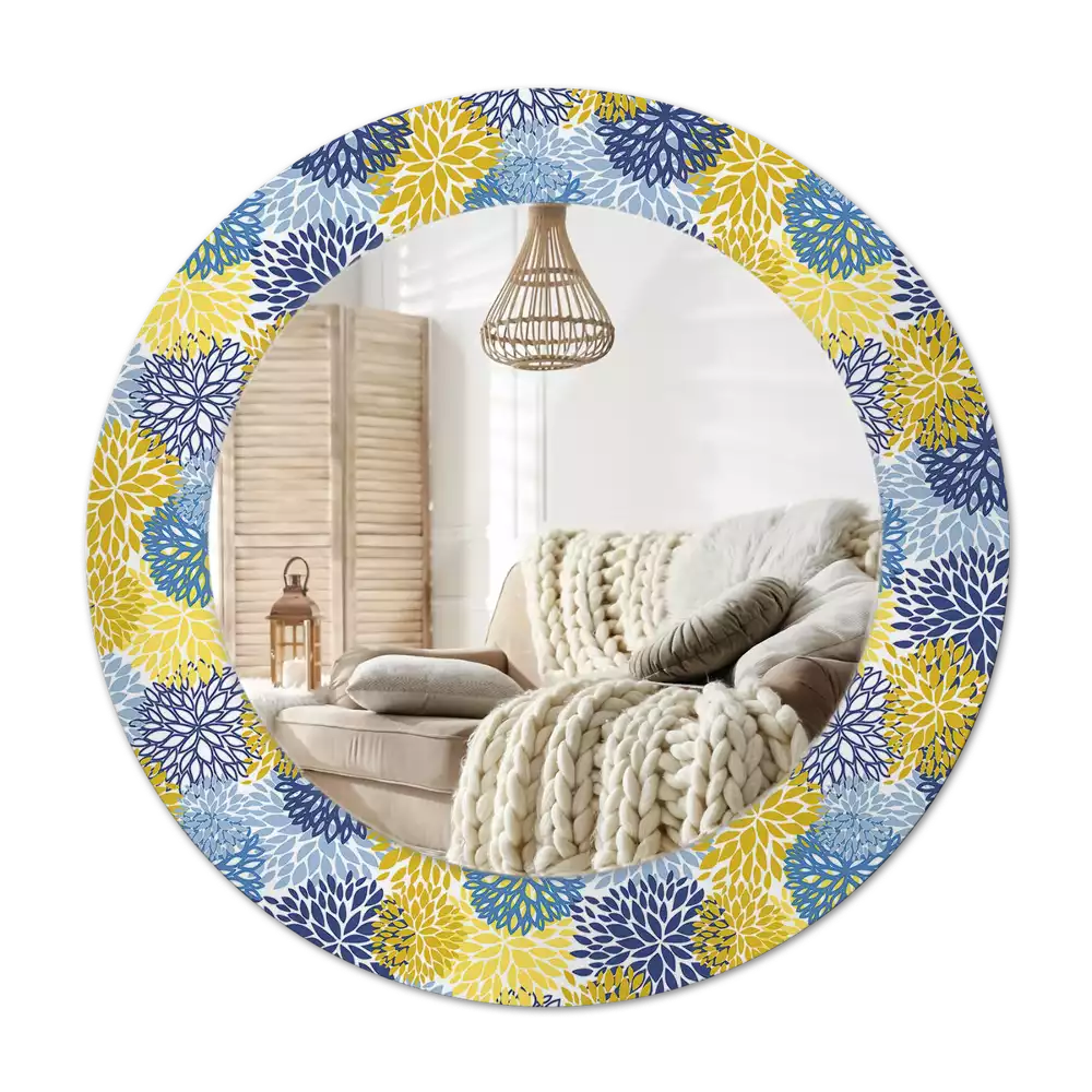 Miroir rond cadre avec impression Fleurs bleues