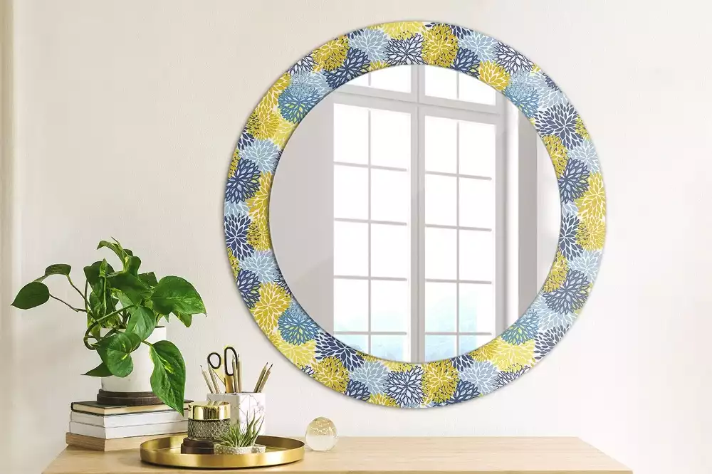 Miroir rond cadre avec impression Fleurs bleues