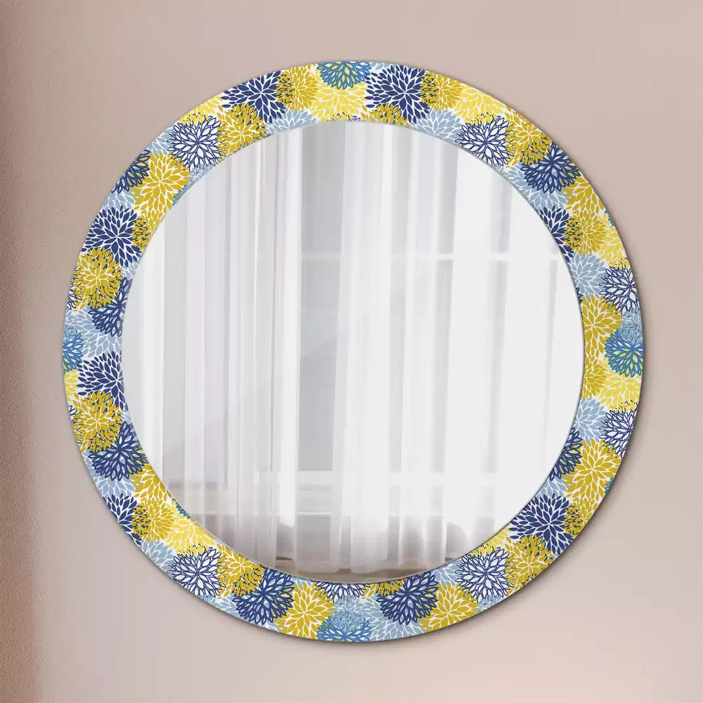 Miroir rond cadre avec impression Fleurs bleues
