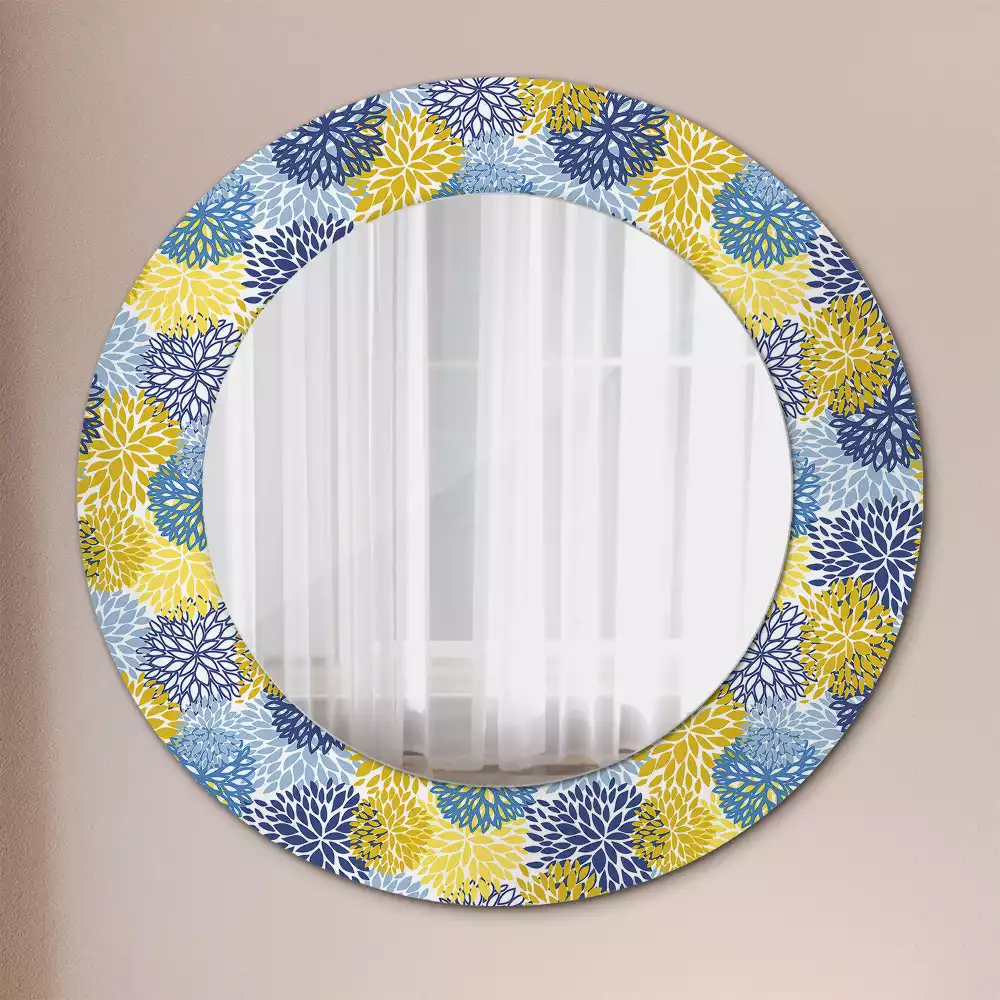 Miroir rond cadre avec impression Fleurs bleues