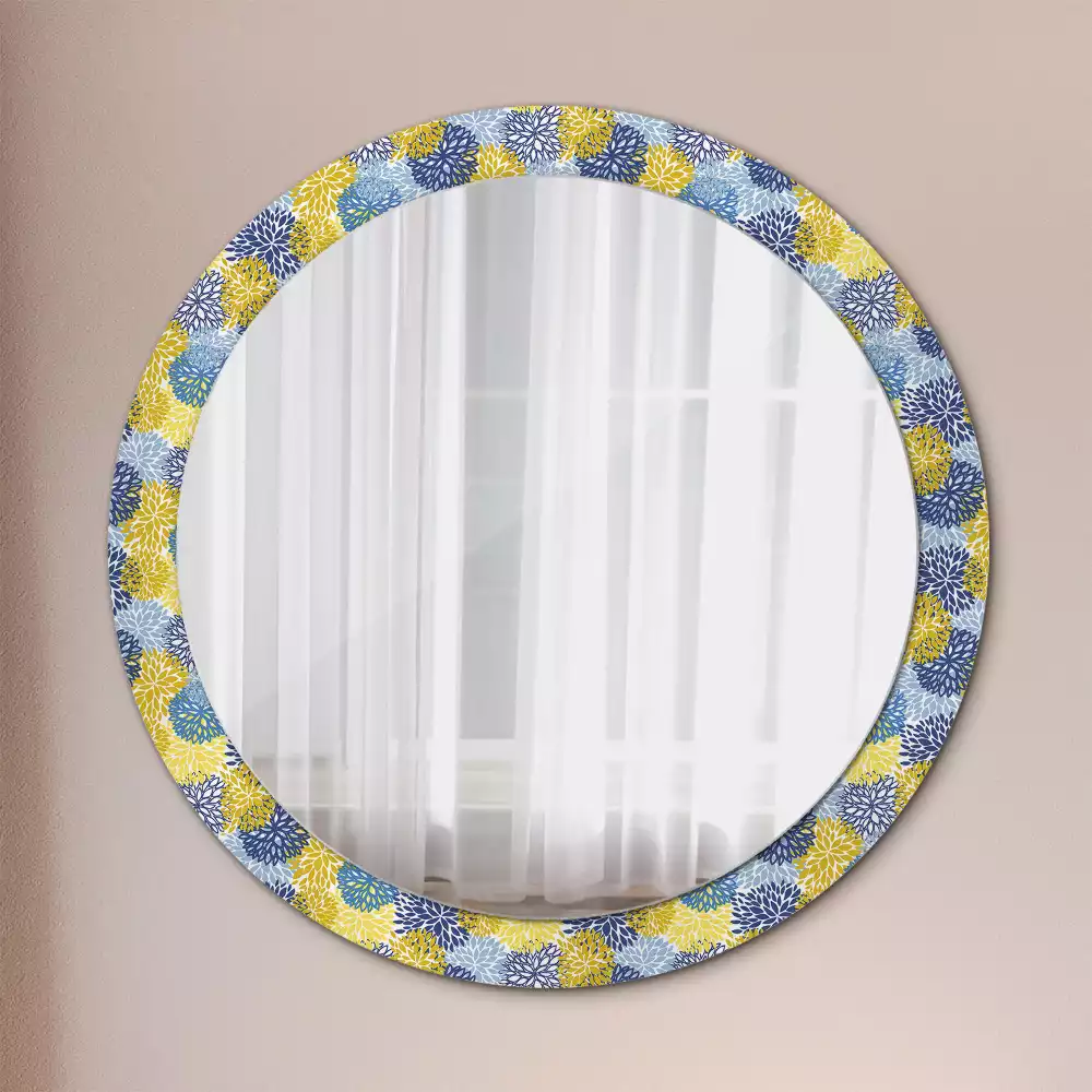 Miroir rond cadre avec impression Fleurs bleues
