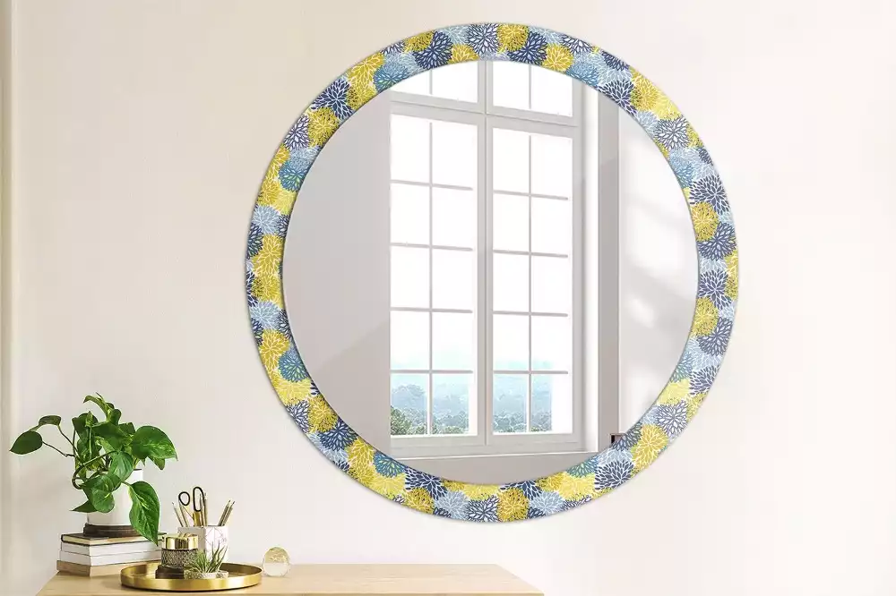 Miroir rond cadre avec impression Fleurs bleues