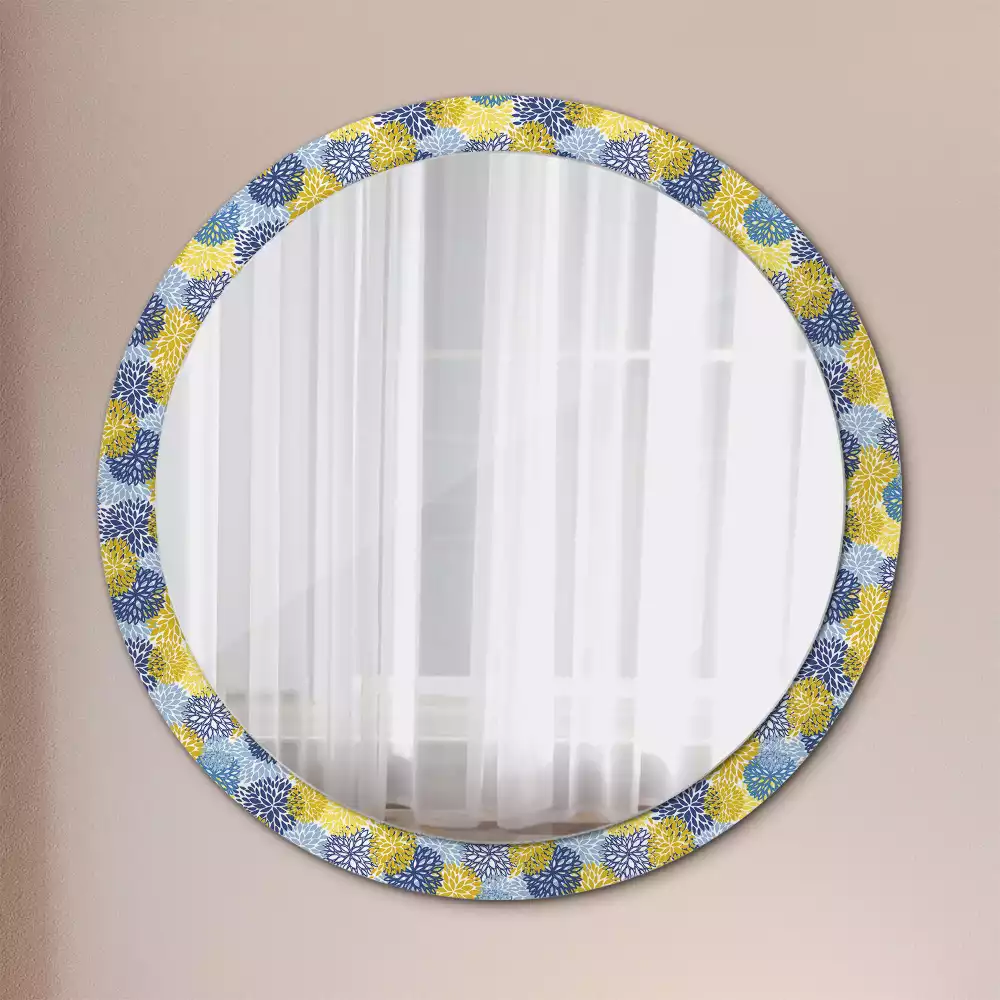 Miroir rond cadre avec impression Fleurs bleues